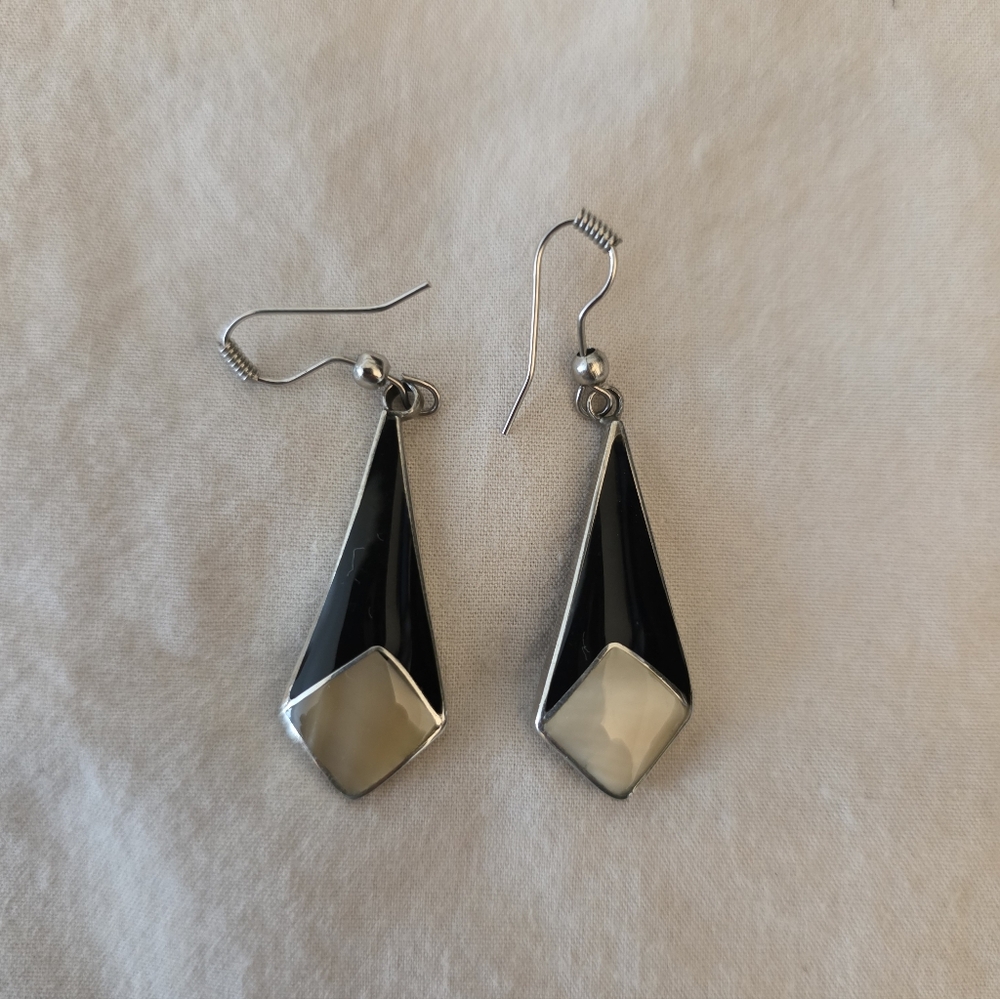 Sterling Silver Dangle Earrings with Black Onyx and Mother of Pearl Inlay